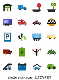 Color and black flat icon set - dispatcher vector, taxi, airport bus, parking, alarm car, ladder, ambulance, route, truck trailer, delivery, heavy scales, garage, gate control, battery