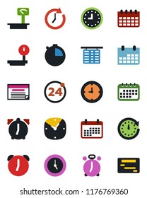 Color and black flat icon set - 24 around vector, alarm clock, flight table, calendar, heavy scales, stopwatch, schedule