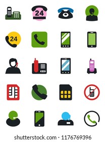 Color and black flat icon set - no mobile vector, phone, office, 24 hours, support, cell, radio, call, sim