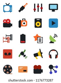 Color and black flat icon set - satellite antenna vector, film frame, reel, camera, loudspeaker, tv, settings, video, headphones, monitor, speaker, favorites list, low battery, mail, play button