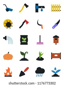 Color and black flat icon set - fence vector, trowel, rake, watering, sproute, lawn mower, fire, sun, rain, sickle, garden knife, axe, pumpkin, bird house, fertilizer, drip irrigation