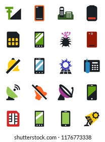Color and black flat icon set - satellite antenna vector, mobile phone, virus, cell, low battery, back, sim, mute, cellular signal, office, sun panel