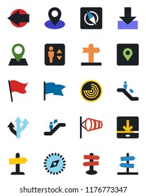 Color and black flat icon set - elevator vector, escalator, left arrow, wind, radar, route, signpost, pin, download, place tag, compass, flag, guidepost