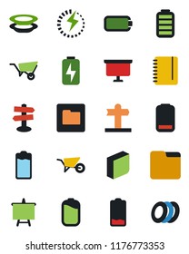Color and black flat icon set - notepad vector, presentation board, wheelbarrow, signpost, battery, low, folder, charge, blank box, plates