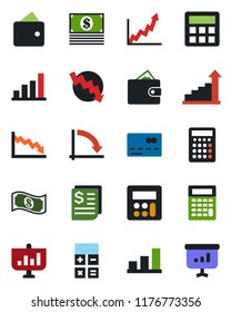 Color and black flat icon set - credit card vector, growth statistic, calculator, crisis graph, receipt, bar, wallet, cash, presentation
