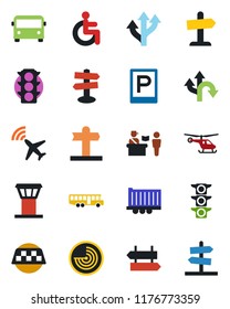 Color and black flat icon set - airport tower vector, plane radar, taxi, bus, parking, passport control, signpost, helicopter, disabled, route, traffic light, truck trailer, guidepost