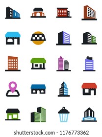 Color and black flat icon set - taxi vector, shop, office building, garden light, navigation, store, city house, cafe, storefront