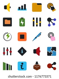 Color and black flat icon set - package vector, sorting, settings, touch screen, stop button, folder, charge, application, pen, sound, information, social media