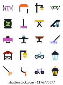 Color and black flat icon set - cafe vector, ladder car, rake, sickle, garden light, picnic table, fertilizer, bike, restaurant, alcove, outdoor lamp