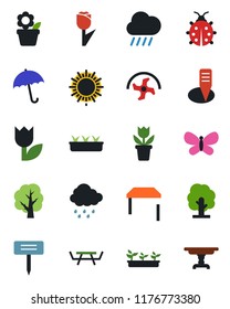 Color and black flat icon set - umbrella vector, sun, flower in pot, ripper, tree, butterfly, lady bug, seedling, rain, plant label, picnic table, tulip