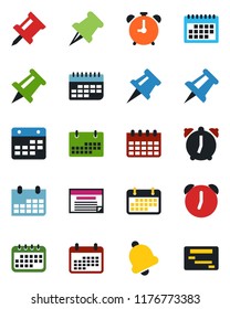 Color and black flat icon set - alarm clock vector, drawing pin, calendar, term, paper, bell, schedule