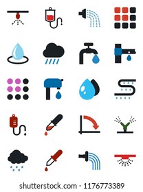 Color and black flat icon set - crisis graph vector, watering, water drop, rain, drip irrigation, dropper, menu, supply, sprinkler