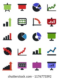 Color and black flat icon set - growth statistic vector, presentation board, crisis graph, circle chart, monitor pulse, bar, pie, point