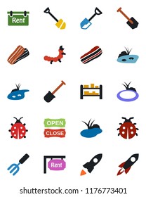 Color and black flat icon set - job vector, garden fork, shovel, lady bug, caterpillar, pond, rack, rent, bacon, open close, rocket