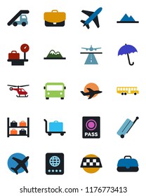 Color and black flat icon set - plane vector, runway, taxi, suitcase, baggage trolley, airport bus, umbrella, passport, ladder car, helicopter, luggage storage, scales, mountains, case