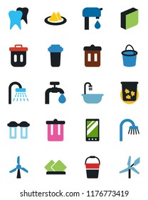 Color and black flat icon set - trash bin vector, shower, bucket, tooth, mobile, blank box, water supply, bathroom, serviette, filter, windmill