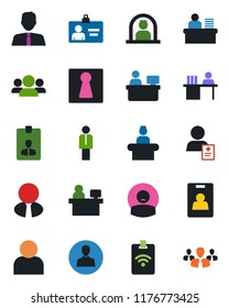 Color and black flat icon set - female vector, reception, manager, identity card, place, patient, user, desk, estate agent, pass, group