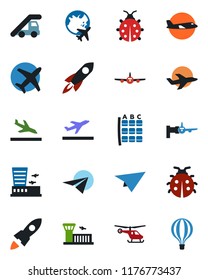 Color and black flat icon set - departure vector, arrival, ladder car, plane, boarding, helicopter, seat map, globe, airport building, lady bug, rocket, paper, air balloon
