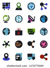 Color and black flat icon set - satellite antenna vector, bomb in case, globe, earth, pin, consolidated cargo, network, share, news, social media