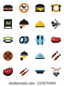 Color and black flat icon set - spoon and fork vector, dish, cafe, menu, plates, waiter, steak, kebab, hamburger, bowl, sushi