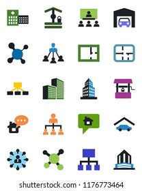 Color and black flat icon set - hierarchy vector, well, molecule, hospital, office building, garage, plan, home message