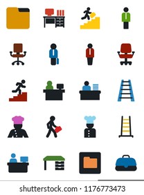 Color and black flat icon set - manager vector, desk, place, ladder, folder, career, cook, office chair, case