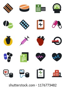 Color and black flat icon set - heart pulse vector, diagnosis, syringe, blood pressure, pills, blister, tomography, real, clipboard, hospital