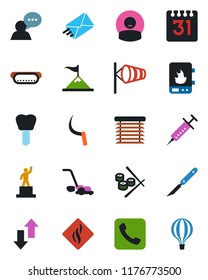 Color and black flat icon set - wind vector, pedestal, lawn mower, sickle, syringe, scalpel, implant, patient, speaker, call, calendar, data exchange, hot dog, sushi, water heater, smoke detector