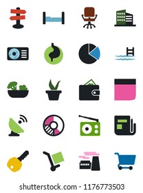 Color and black flat icon set - office chair vector, factory, circle chart, seedling, stomach, signpost, cargo, satellite antenna, radio, news, pie graph, blank box, pool, building, key, bedroom