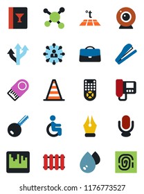 Color and black flat icon set - border cone vector, hierarchy, disabled, molecule, route, microphone, remote control, scanner, case, ink pen, stapler, key, wine card, web camera, intercome, water