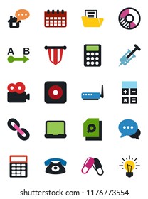 Color and black flat icon set - calculator vector, pennant, calendar, circle chart, syringe, pills, route, dialog, chain, rec button, video, document folder, search, notebook pc, phone, router, idea