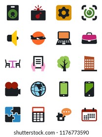 Color and black flat icon set - cafe vector, bomb in case, plane, mobile phone, notebook pc, document, tree, video camera, cell, speaker, settings, eye id, application, calculator, city house, sound