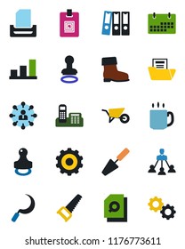 Color and black flat icon set - stamp vector, gear, hierarchy, trowel, wheelbarrow, boot, saw, sickle, calendar, coffee, bar graph, document folder, search, identity card, office phone, paper binder