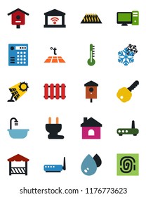 Color and black flat icon set - house vector, bird, key, bathroom, alcove, power plug, router, snowflake, pc, water, thermometer, radiator, warm floor, garage gate control, sun panel, fingerprint