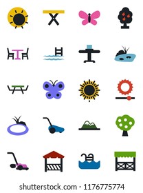Color and black flat icon set - cafe vector, sun, lawn mower, butterfly, pond, picnic table, brightness, pool, fruit tree, mountains, restaurant, alcove