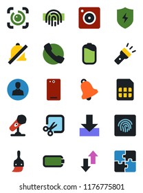 Color and black flat icon set - microphone vector, phone back, call, mobile camera, protect, themes, user, bell, sim, data exchange, download, torch, mute, cut, eye id, fingerprint, battery
