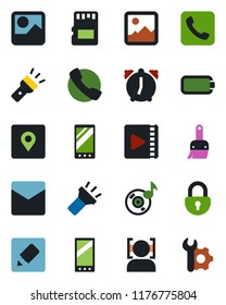 Color and black flat icon set - mobile vector, call, gallery, themes, alarm, mail, sd, notes, torch, place tag, lock, face id, music, video, battery, root setup