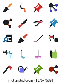Color and black flat icon set - document search vector, drawing pin, trowel, rake, watering can, pruner, sickle, axe, blood pressure, scalpel, share, ladle, cutting board, knife, social media