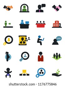 Color and black flat icon set - escalator vector, baby, reception, handshake, manager place, hospital, pregnancy, speaker, hr, meeting, company, client search, waiter, consumer, hierarchy