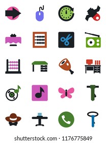 Color and black flat icon set - phone vector, right arrow, mouse, desk, tie, butterfly, satellite, radio, cut, music, abacus, restaurant table, dress code, ham, clock