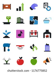 Color and black flat icon set - fence vector, growth statistic, document reload, glove, blood test vial, route, heavy scales, music, application, water supply, office building, fireplace, city house