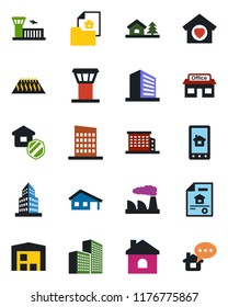 Color and black flat icon set - airport tower vector, building, office, factory, house, store, with garage, tree, warehouse, estate document, sweet home, city, insurance, control app, warm floor