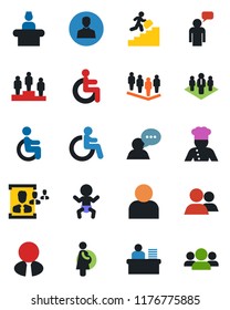Color and black flat icon set - baby vector, disabled, reception, speaking man, pedestal, team, pregnancy, speaker, group, user, hr, manager desk, career ladder, company, estate agent, cook