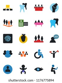 Color and black flat icon set - dispatcher vector, baby, disabled, pedestal, team, meeting, real heart, tooth, eye, joint, hospital, speaker, group, user, fingerprint id, hierarchy