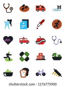Color and black flat icon set - seeds vector, heart pulse, diagnosis, stethoscope, dropper, patch, ambulance car, bike, run, tooth, diet, hospital, pool, salad, bread, rolling pin