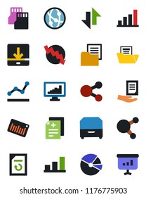 Color and black flat icon set - crisis graph vector, document, reload, diagnosis, folder, barcode, network, share, sd, data exchange, download, monitor statistics, bar, pie, point, archive box