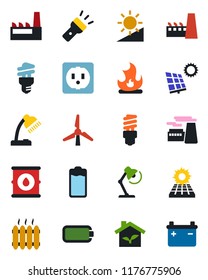 Color and black flat icon set - factory vector, fire, oil barrel, battery, torch, brightness, desk lamp, sun panel, windmill, heater, eco house, socket, energy saving bulb