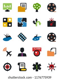 Color and black flat icon set - plane radar vector, bomb in case, statistic monitor, contract, pond, pills blister, ambulance star, route, folder document, reel, application, target, fruit tree