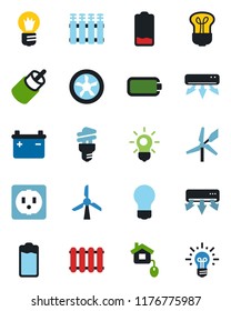 Color and black flat icon set - bulb vector, battery, low, rca, air conditioner, home control, socket, fan, radiator, energy saving, windmill, idea