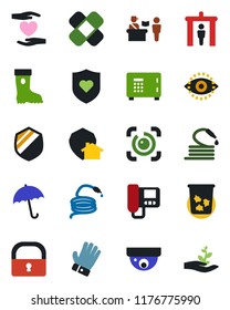 Color and black flat icon set - passport control vector, security gate, umbrella, trash bin, safe, glove, boot, hose, patch, heart shield, hand, lock, eye id, intercome, home protect, surveillance